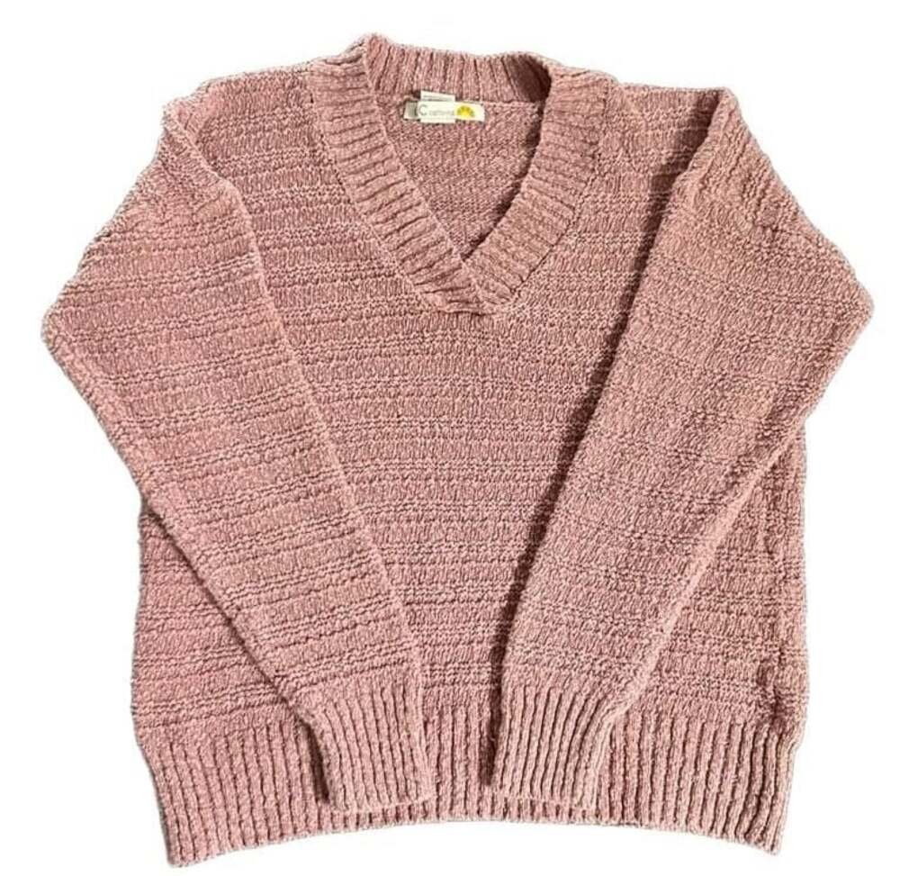 C&C California Pink Dusty Rose V-Neck Textured Knit 100% Cotton Sweater Size L